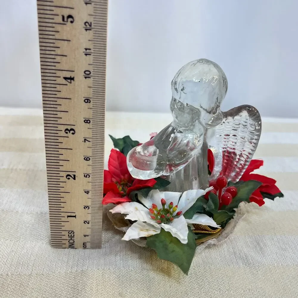 Clear Glass Angel Candleholder Vintage Christmas Artificial Poinsettias 4.25